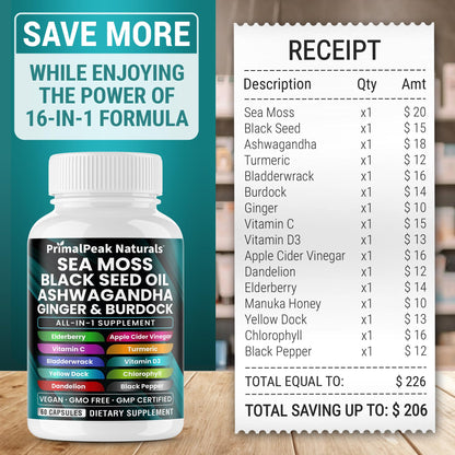PrimalPeak Naturals Sea Moss Black Seed Oil Ashwagandha Ginger Burdock Bladderwrack Turmeric & Vitamin C Vitamin D3 with ACV Elderberry Chlorophyll Dandelion Yellow Dock Vegan Capsules - 60 Count - dailyvitalstore