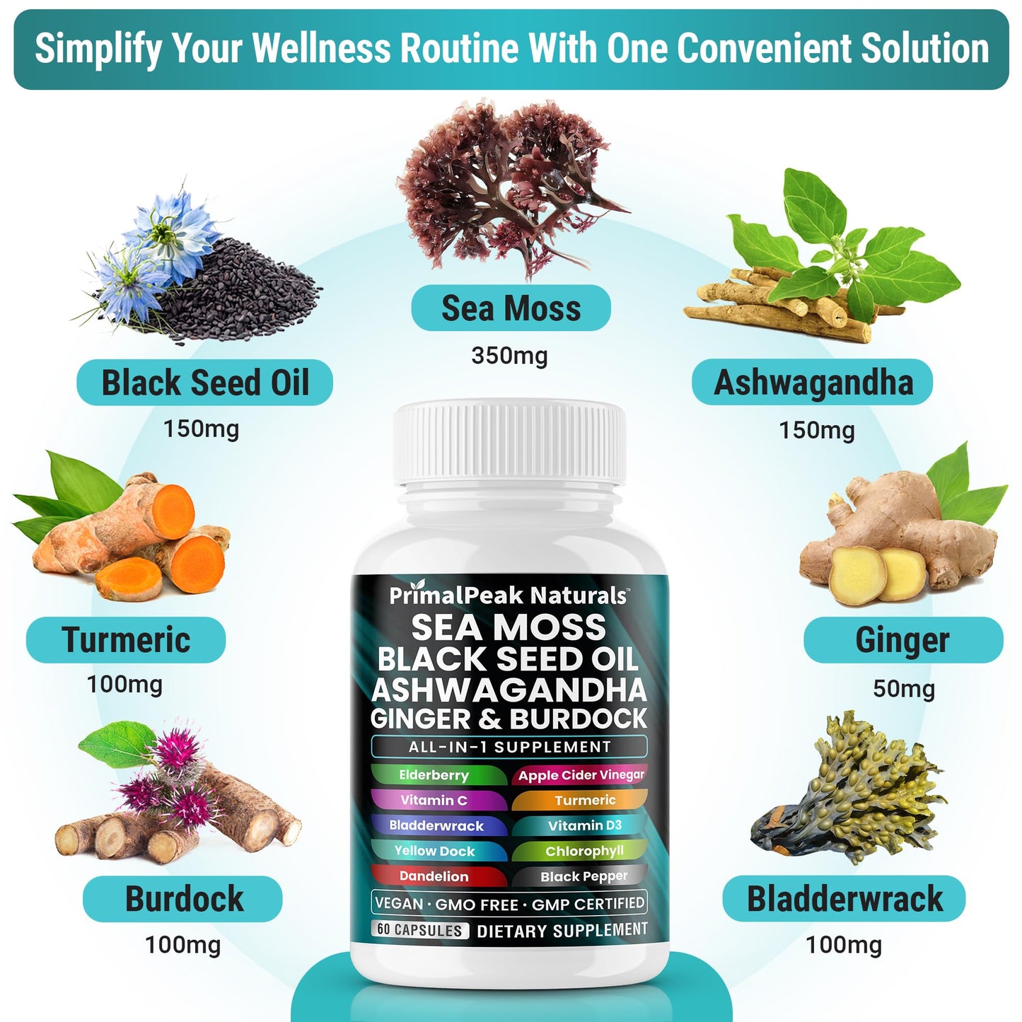 PrimalPeak Naturals Sea Moss Black Seed Oil Ashwagandha Ginger Burdock Bladderwrack Turmeric & Vitamin C Vitamin D3 with ACV Elderberry Chlorophyll Dandelion Yellow Dock Vegan Capsules - 60 Count - dailyvitalstore