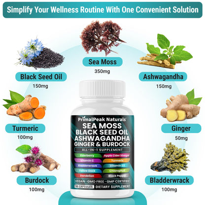 PrimalPeak Naturals Sea Moss Black Seed Oil Ashwagandha Ginger Burdock Bladderwrack Turmeric & Vitamin C Vitamin D3 with ACV Elderberry Chlorophyll Dandelion Yellow Dock Vegan Capsules - 60 Count - dailyvitalstore