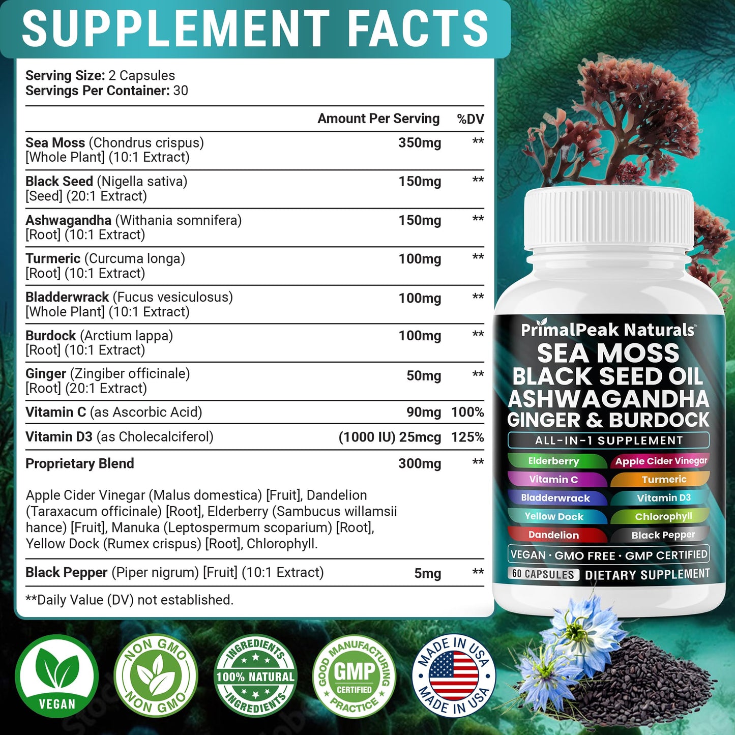 PrimalPeak Naturals Sea Moss Black Seed Oil Ashwagandha Ginger Burdock Bladderwrack Turmeric & Vitamin C Vitamin D3 with ACV Elderberry Chlorophyll Dandelion Yellow Dock Vegan Capsules - 60 Count - dailyvitalstore