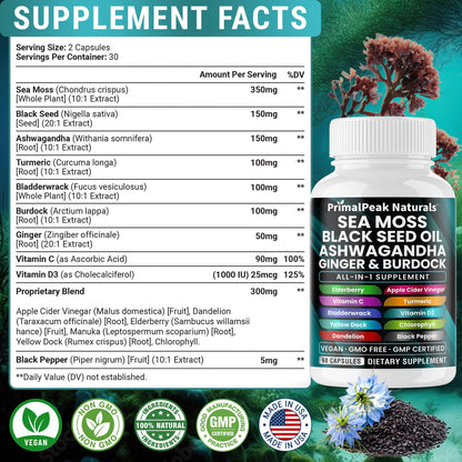 PrimalPeak Naturals Sea Moss Black Seed Oil Ashwagandha Ginger Burdock Bladderwrack Turmeric & Vitamin C Vitamin D3 with ACV Elderberry Chlorophyll Dandelion Yellow Dock Vegan Capsules - 60 Count - dailyvitalstore