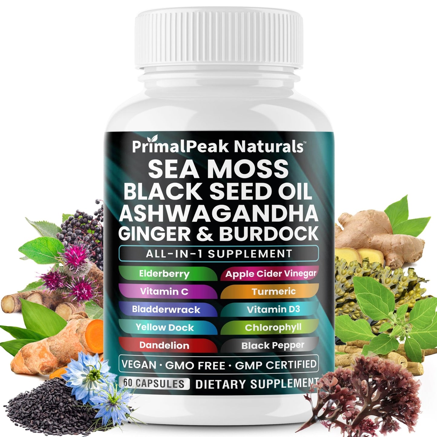 PrimalPeak Naturals Sea Moss Black Seed Oil Ashwagandha Ginger Burdock Bladderwrack Turmeric & Vitamin C Vitamin D3 with ACV Elderberry Chlorophyll Dandelion Yellow Dock Vegan Capsules - 60 Count - dailyvitalstore