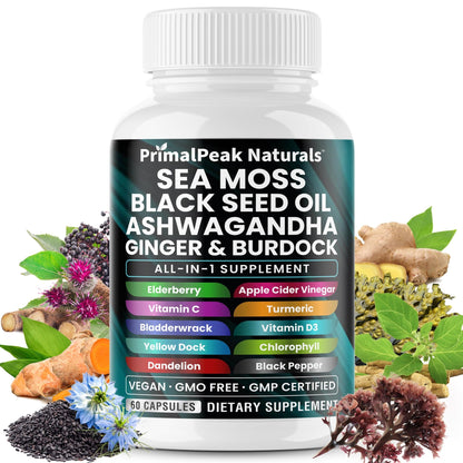 PrimalPeak Naturals Sea Moss Black Seed Oil Ashwagandha Ginger Burdock Bladderwrack Turmeric & Vitamin C Vitamin D3 with ACV Elderberry Chlorophyll Dandelion Yellow Dock Vegan Capsules - 60 Count - dailyvitalstore