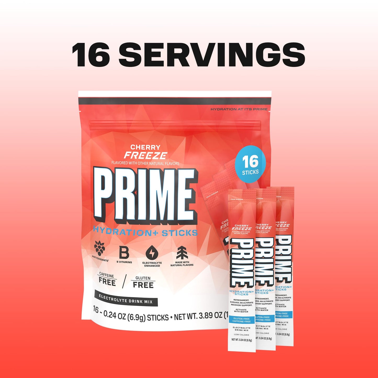 PRIME HYDRATION+ Electrolyte Powder Sticks, Cherry Freeze, Sugar Free Hydration Drink Mix with Potassium, Magnesium & B Vitamins - dailyvitalstore