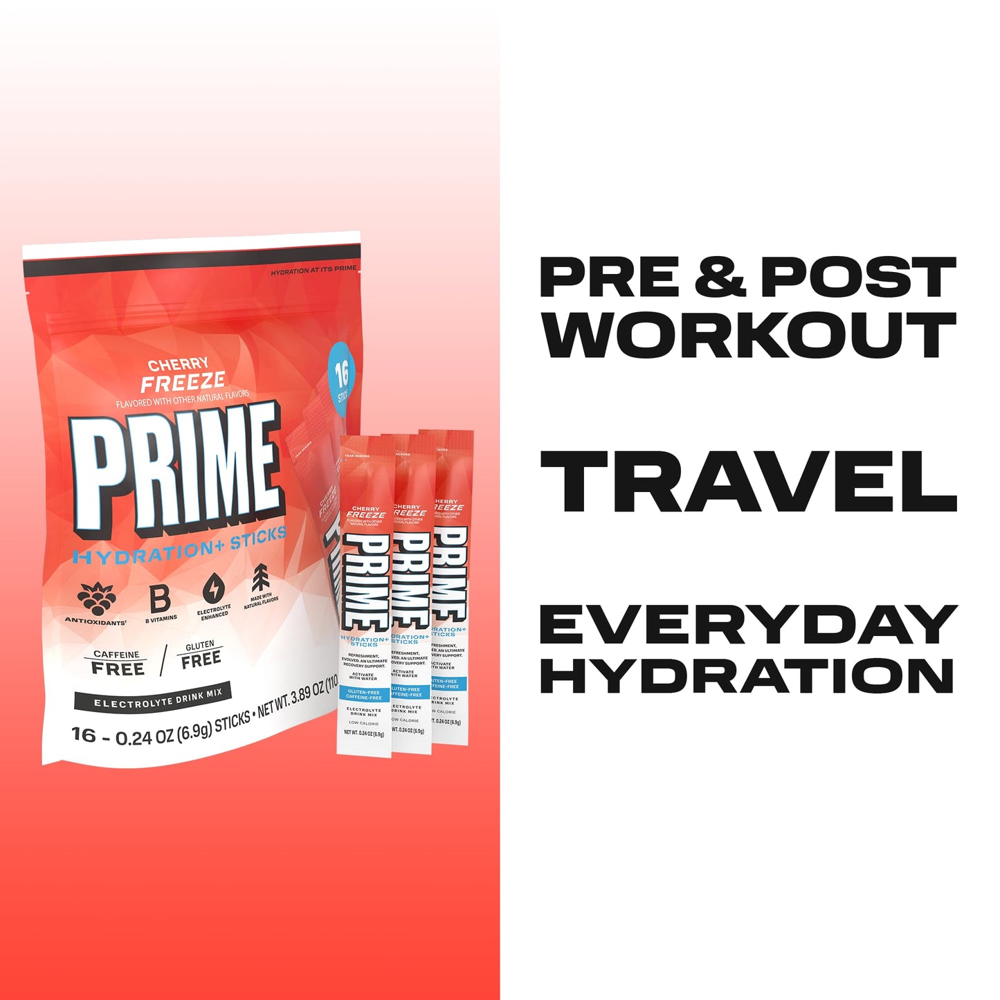 PRIME HYDRATION+ Electrolyte Powder Sticks, Cherry Freeze, Sugar Free Hydration Drink Mix with Potassium, Magnesium & B Vitamins - dailyvitalstore
