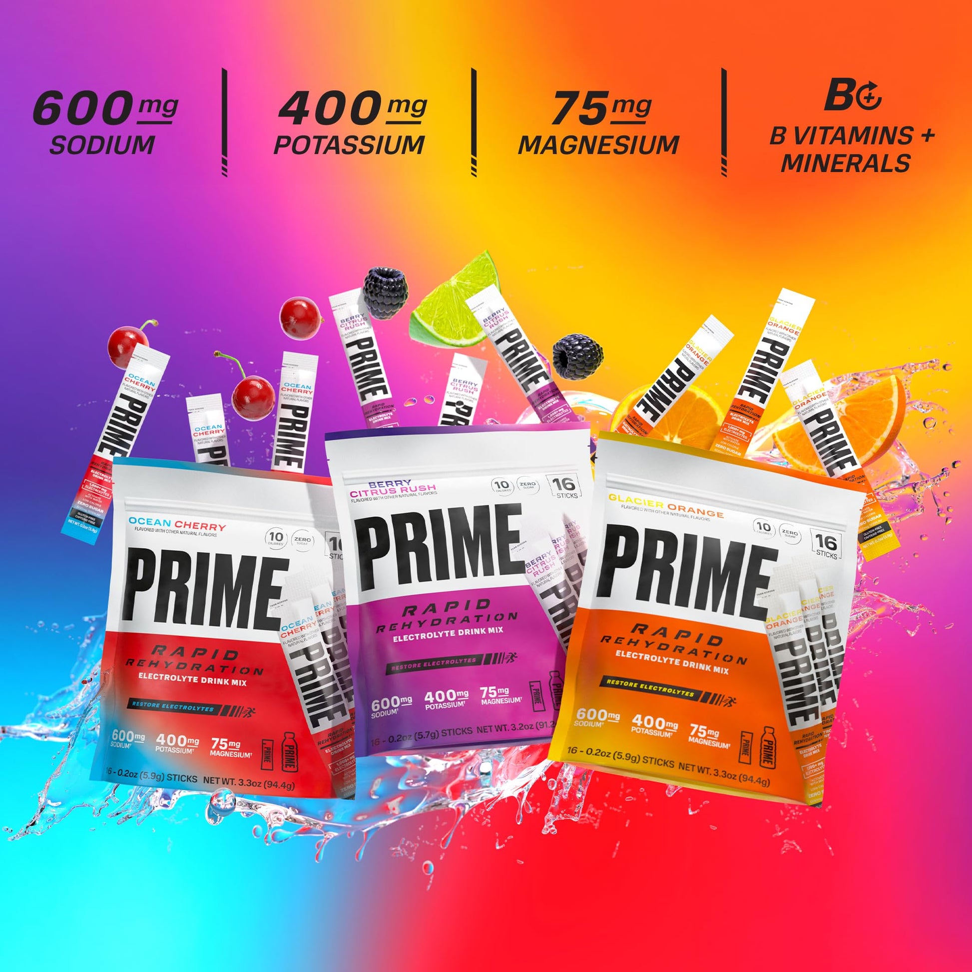 Prime Rapid Rehydration Electrolyte Powder Sticks, Ocean Cherry, Sugar Free Hydration Drink Mix with Sodium, Potassium, Magnesium & B Vitamins - dailyvitalstore