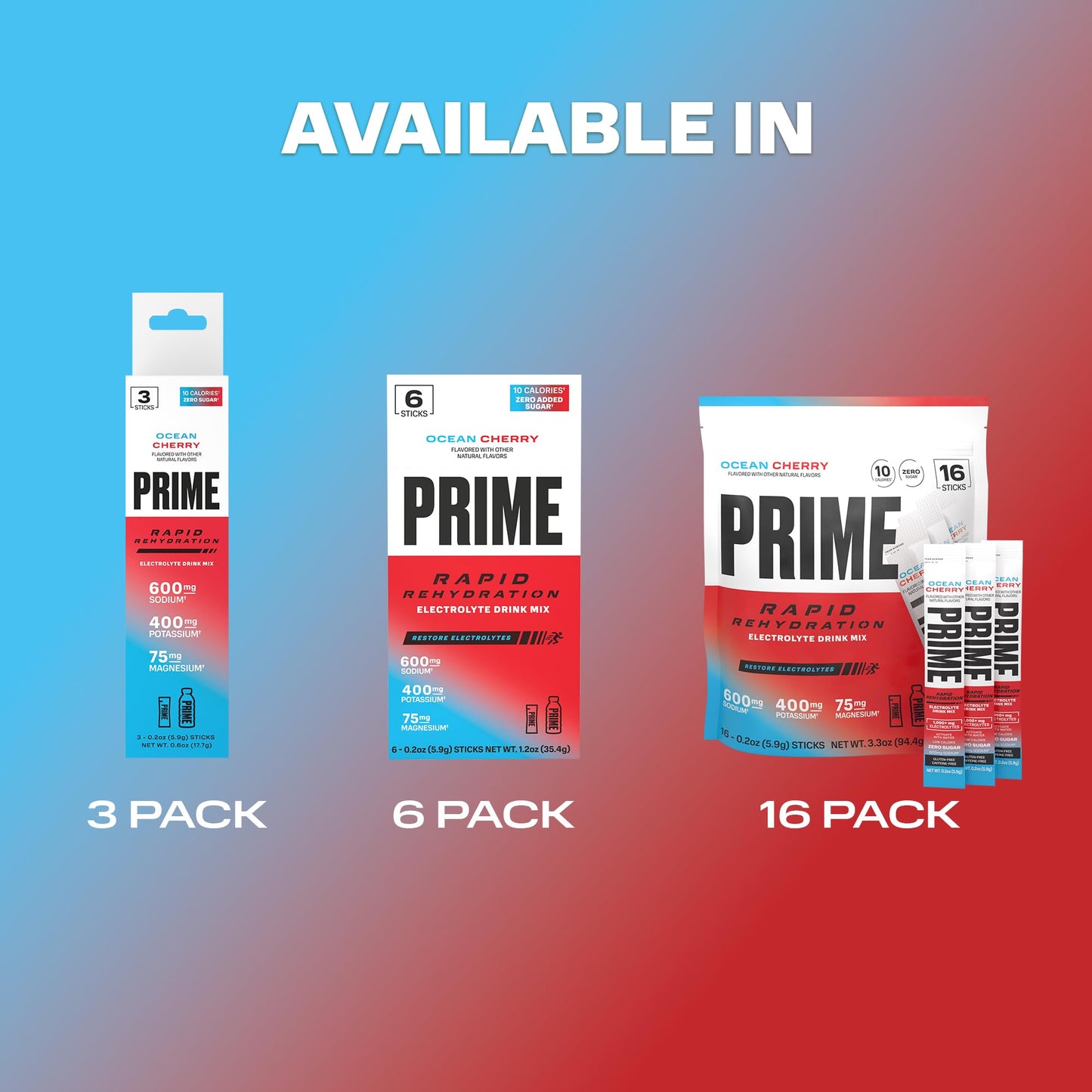 Prime Rapid Rehydration Electrolyte Powder Sticks, Ocean Cherry, Sugar Free Hydration Drink Mix with Sodium, Potassium, Magnesium & B Vitamins - dailyvitalstore