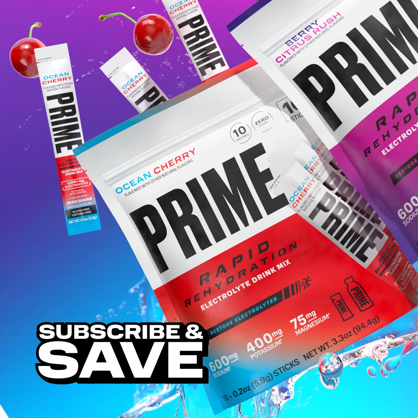 Prime Rapid Rehydration Electrolyte Powder Sticks, Ocean Cherry, Sugar Free Hydration Drink Mix with Sodium, Potassium, Magnesium & B Vitamins - dailyvitalstore
