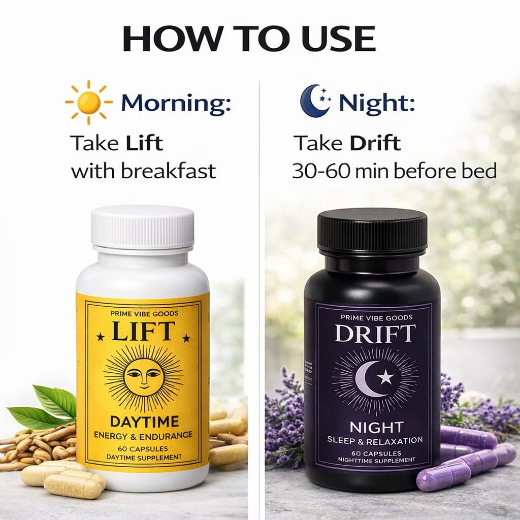 Prime Vibe Goods Lift & Drift – Energy & Stress Support Supplement – Adaptogens for Focus, Relaxation & Sleep – Ashwagandha, Magnesium, Rhodiola, GABA, Maca – Vegan (2-Pack, 120 Capsules) - dailyvitalstore