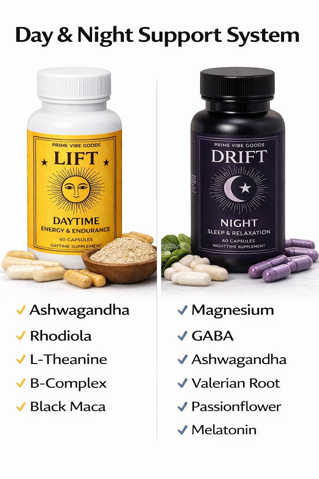 Prime Vibe Goods Lift & Drift – Energy & Stress Support Supplement – Adaptogens for Focus, Relaxation & Sleep – Ashwagandha, Magnesium, Rhodiola, GABA, Maca – Vegan (2-Pack, 120 Capsules) - dailyvitalstore