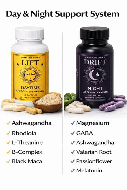 Prime Vibe Goods Lift & Drift – Energy & Stress Support Supplement – Adaptogens for Focus, Relaxation & Sleep – Ashwagandha, Magnesium, Rhodiola, GABA, Maca – Vegan (2-Pack, 120 Capsules) - dailyvitalstore