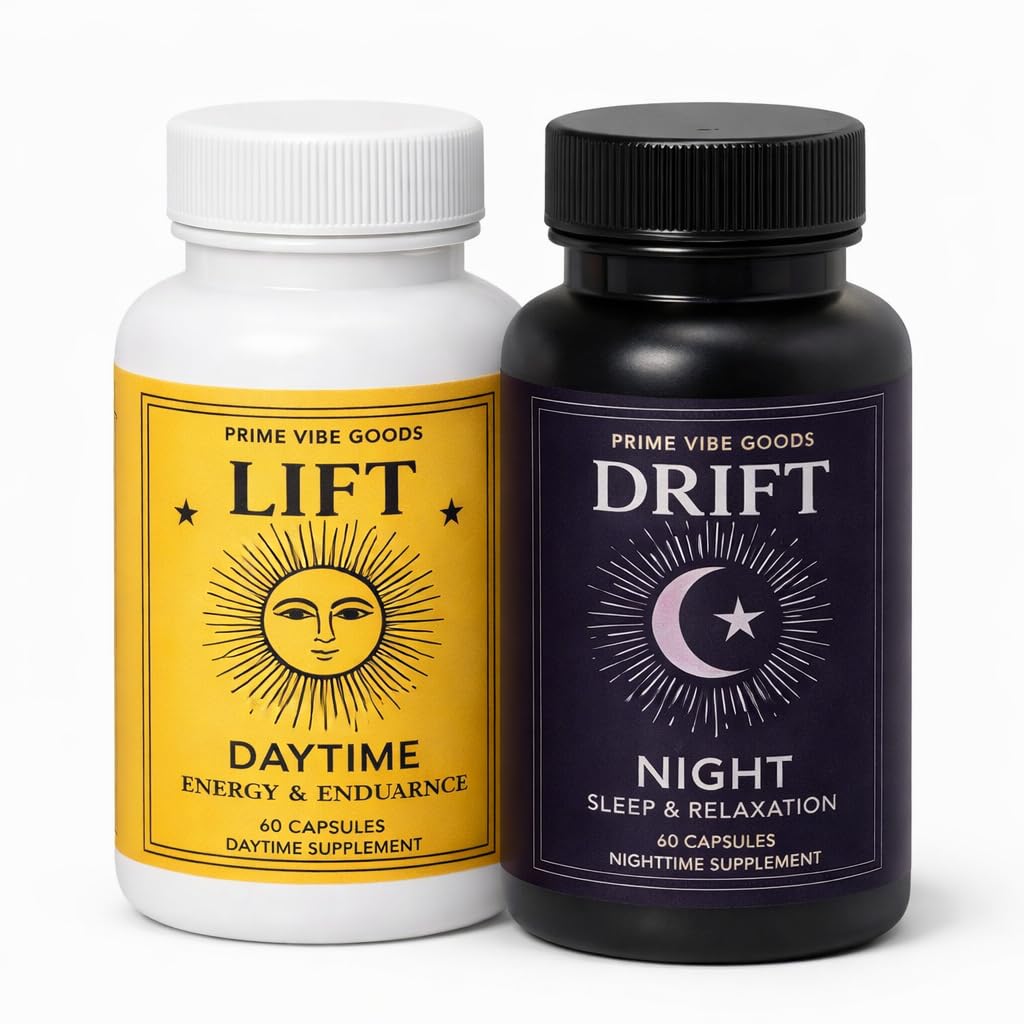 Prime Vibe Goods Lift & Drift – Energy & Stress Support Supplement – Adaptogens for Focus, Relaxation & Sleep – Ashwagandha, Magnesium, Rhodiola, GABA, Maca – Vegan (2-Pack, 120 Capsules) - dailyvitalstore
