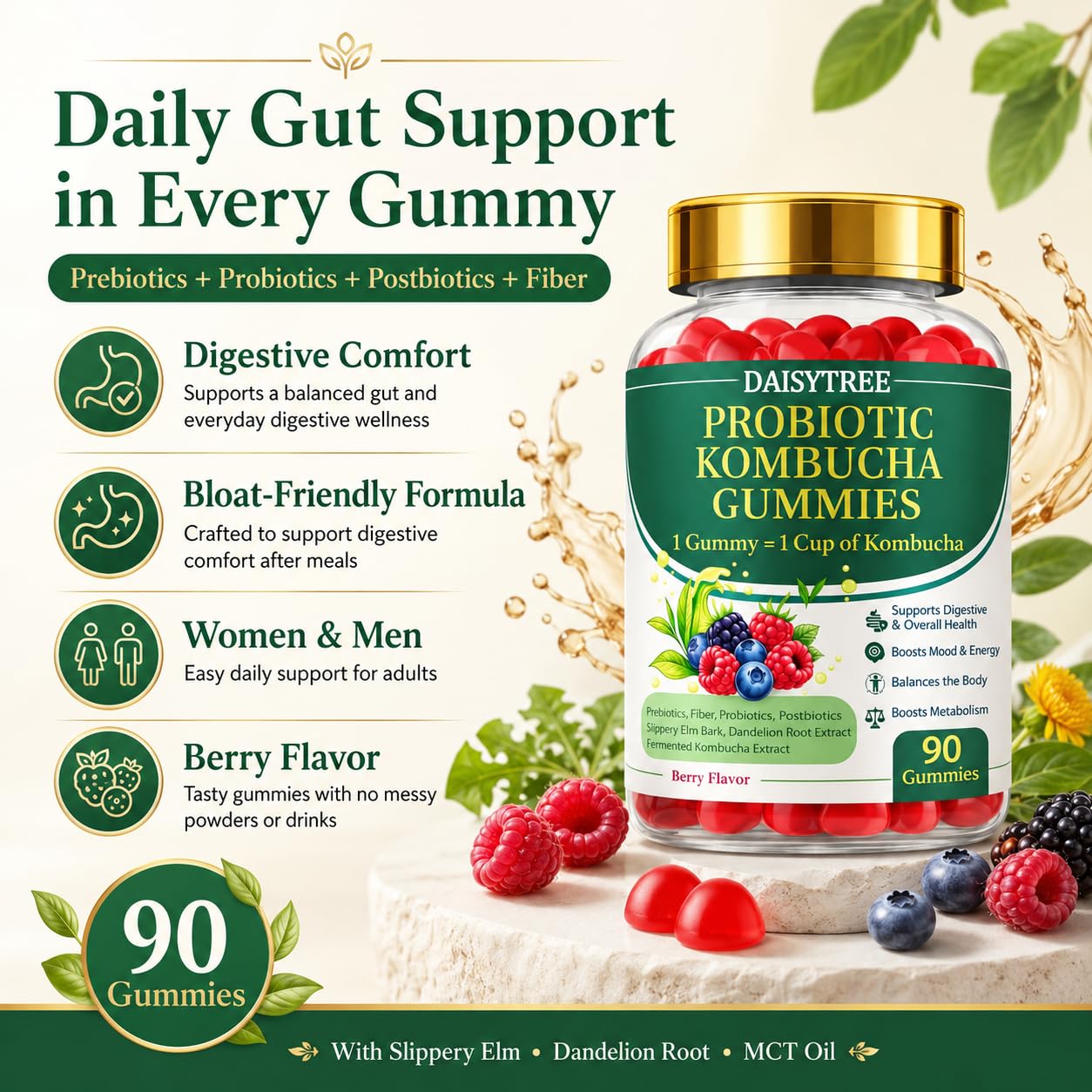 PRIMEHAVEN Probiotic Kombucha Gummies - Prebiotics, Probiotics, Postbiotics, Fiber Supplement, Slippery Elm, Dandelion Root, for Bloating, Gut Health - dailyvitalstore