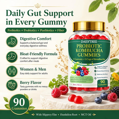 PRIMEHAVEN Probiotic Kombucha Gummies - Prebiotics, Probiotics, Postbiotics, Fiber Supplement, Slippery Elm, Dandelion Root, for Bloating, Gut Health - dailyvitalstore
