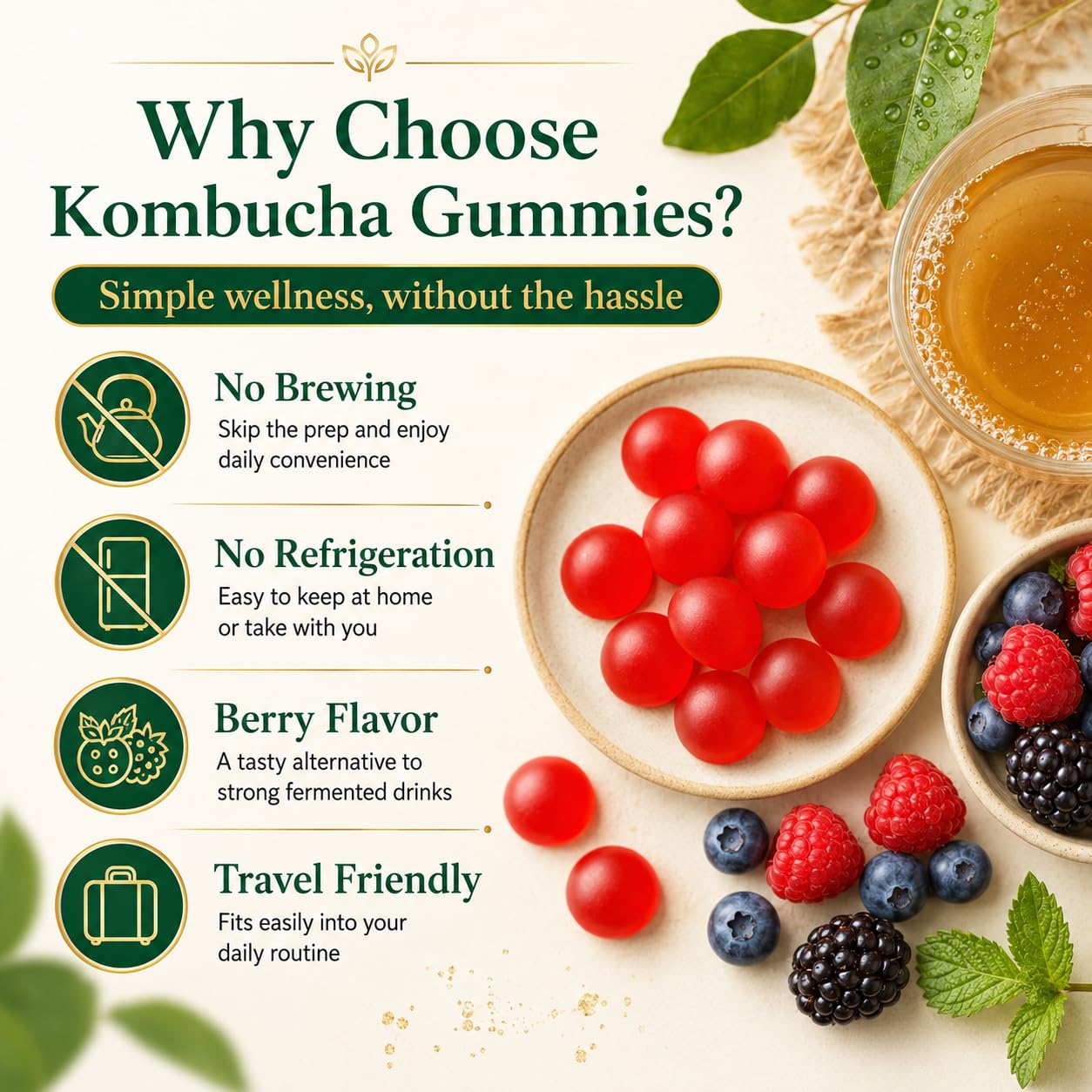PRIMEHAVEN Probiotic Kombucha Gummies - Prebiotics, Probiotics, Postbiotics, Fiber Supplement, Slippery Elm, Dandelion Root, for Bloating, Gut Health - dailyvitalstore
