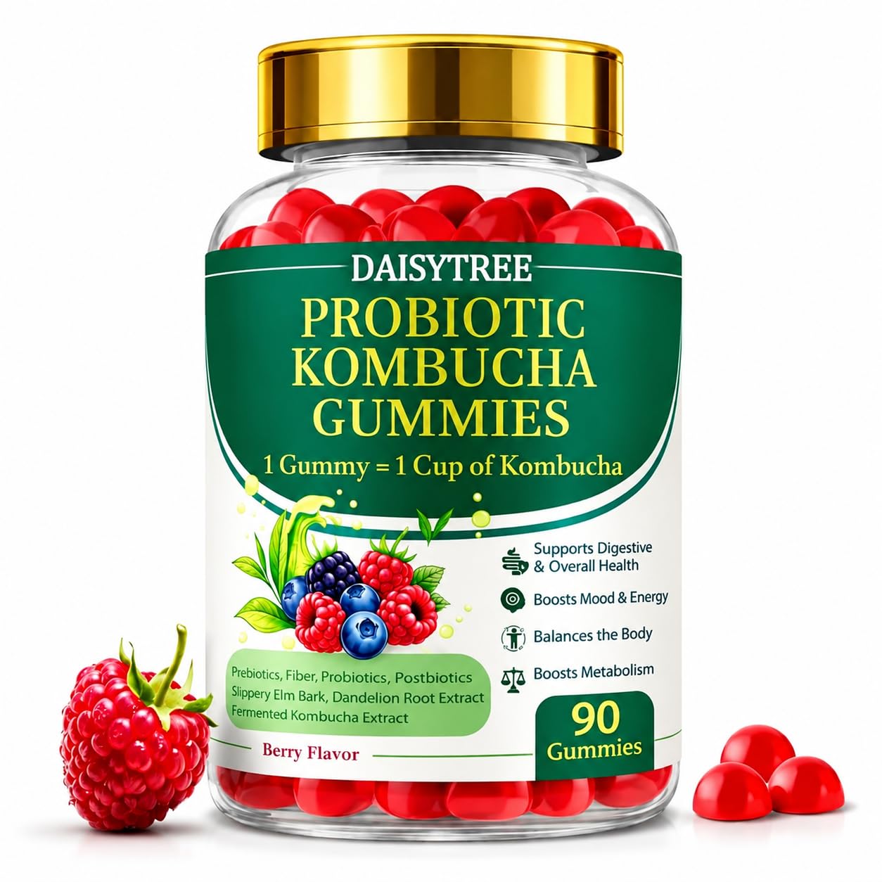 PRIMEHAVEN Probiotic Kombucha Gummies - Prebiotics, Probiotics, Postbiotics, Fiber Supplement, Slippery Elm, Dandelion Root, for Bloating, Gut Health - dailyvitalstore