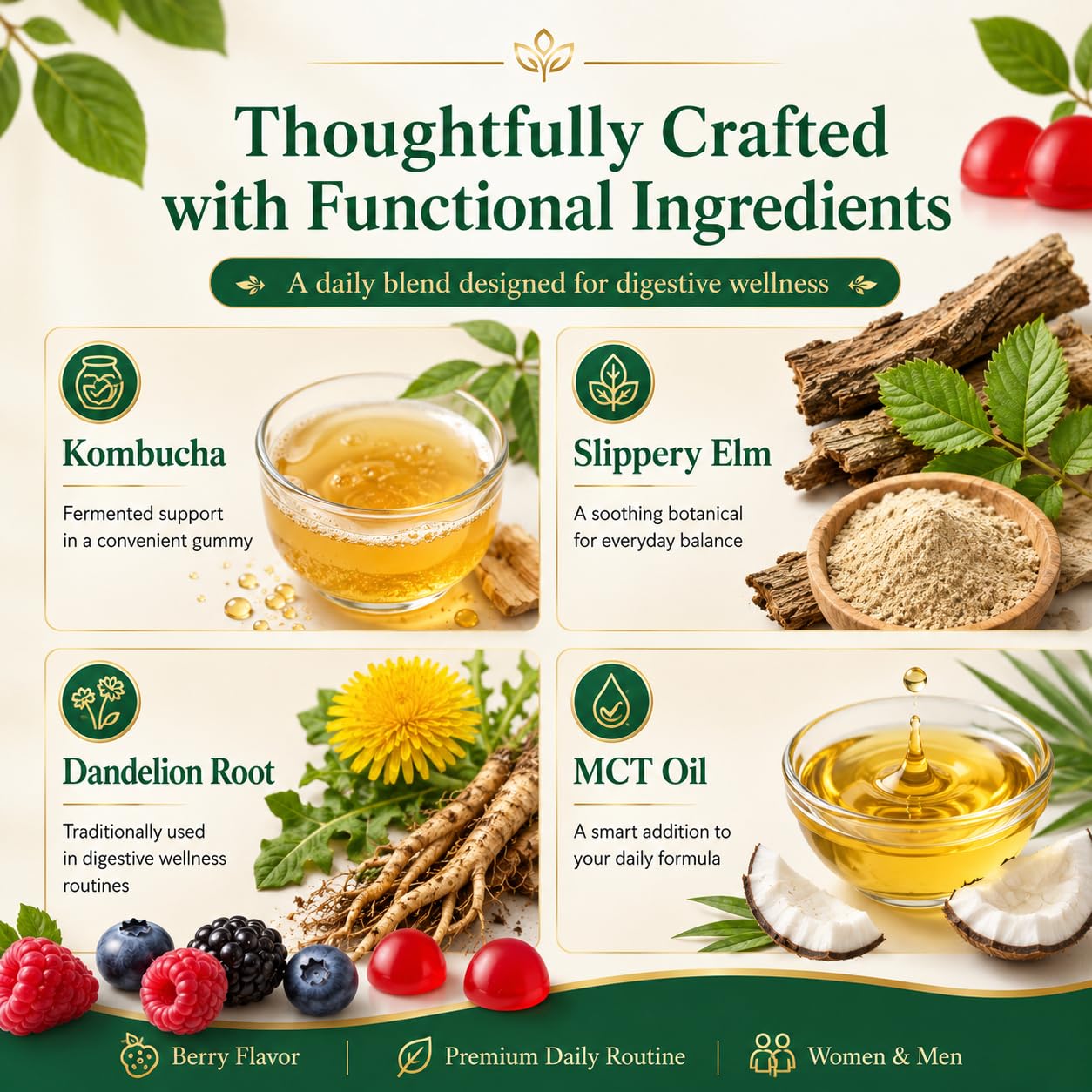 PRIMEHAVEN Probiotic Kombucha Gummies - Prebiotics, Probiotics, Postbiotics, Fiber Supplement, Slippery Elm, Dandelion Root, for Bloating, Gut Health - dailyvitalstore