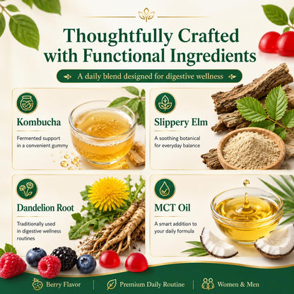PRIMEHAVEN Probiotic Kombucha Gummies - Prebiotics, Probiotics, Postbiotics, Fiber Supplement, Slippery Elm, Dandelion Root, for Bloating, Gut Health - dailyvitalstore