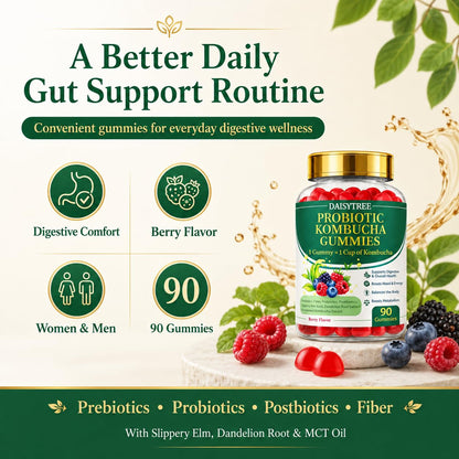 PRIMEHAVEN Probiotic Kombucha Gummies - Prebiotics, Probiotics, Postbiotics, Fiber Supplement, Slippery Elm, Dandelion Root, for Bloating, Gut Health - dailyvitalstore