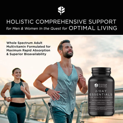 Primitive Scientific Whole Food Daily Essential Multivitamins for Adults and Seniors - 2X a Day - Vitamin A, C, D, E, B12 and Minerals - dailyvitalstore