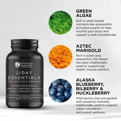 Primitive Scientific Whole Food Daily Essential Multivitamins for Adults and Seniors - 2X a Day - Vitamin A, C, D, E, B12 and Minerals - dailyvitalstore