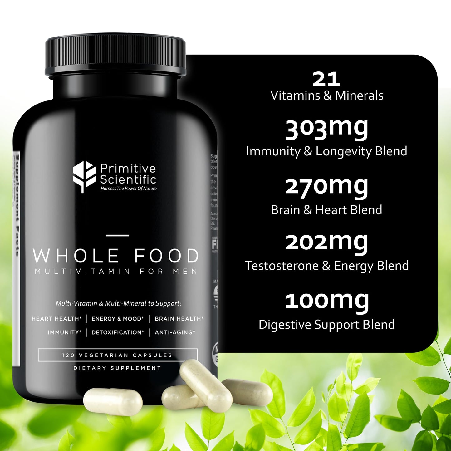 Primitive Scientific Whole Food Natural Multivitamin and Mineral Capsules for Men - All-Day Energy, Inner Zen, and Stronger You (120 Capsules) - dailyvitalstore