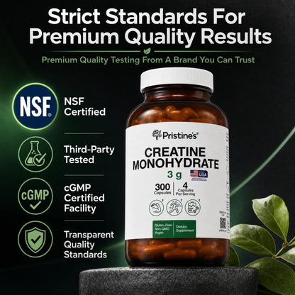 PRISTINE'S Creatine Monohydrate Capsules for Women & Men - NSF Certified 75 Day Supply 3G Creatine Pills for Women - Cognitive & Athletic Performance Support - dailyvitalstore