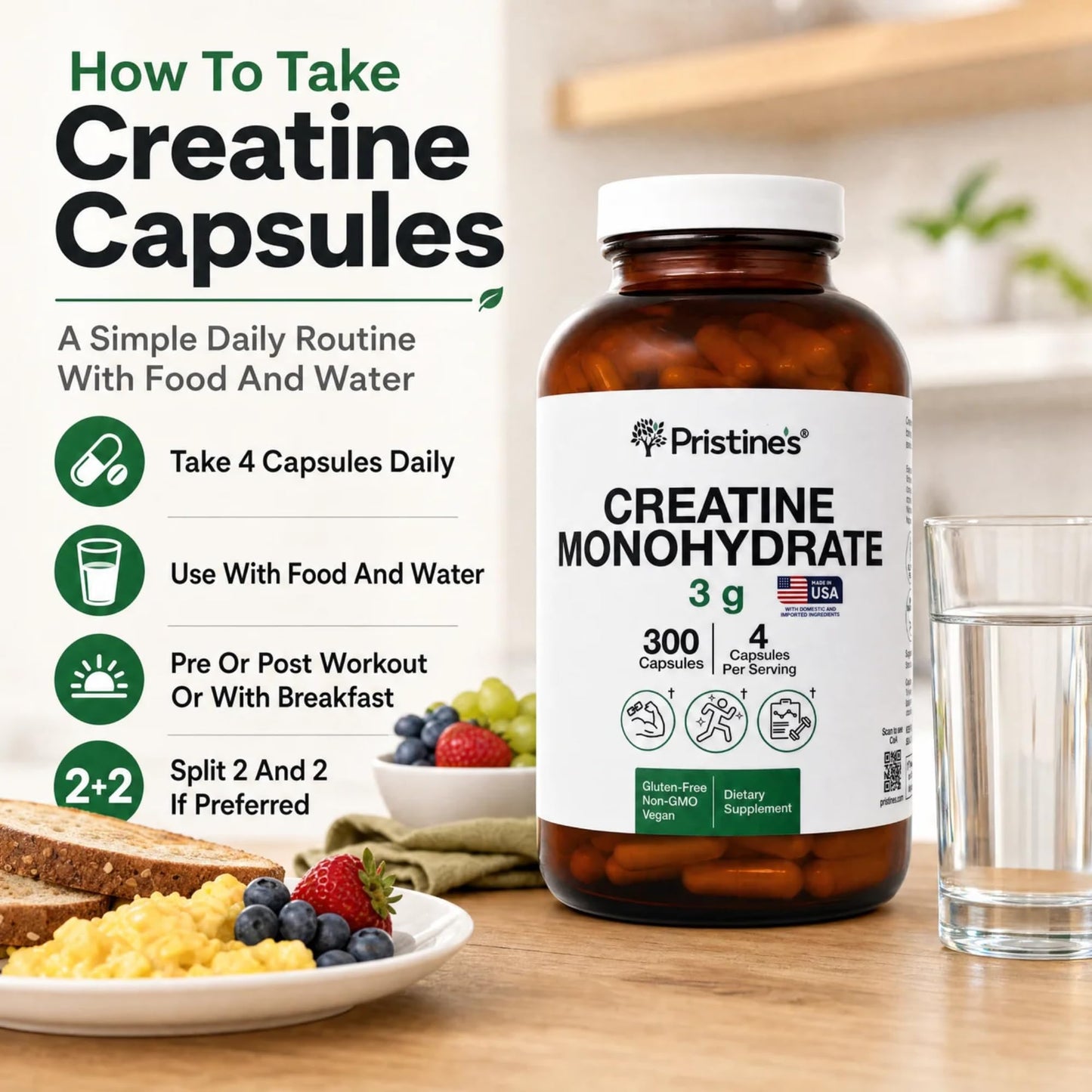 PRISTINE'S Creatine Monohydrate Capsules for Women & Men - NSF Certified 75 Day Supply 3G Creatine Pills for Women - Cognitive & Athletic Performance Support - dailyvitalstore