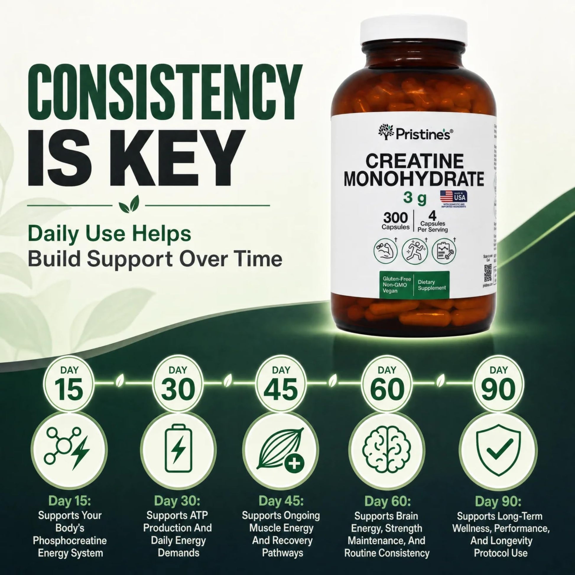 PRISTINE'S Creatine Monohydrate Capsules for Women & Men - NSF Certified 75 Day Supply 3G Creatine Pills for Women - Cognitive & Athletic Performance Support - dailyvitalstore