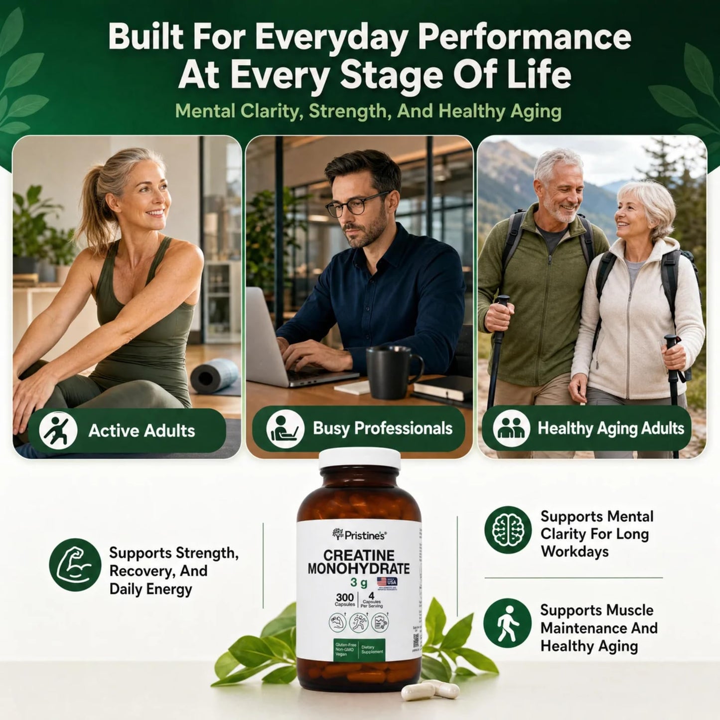 PRISTINE'S Creatine Monohydrate Capsules for Women & Men - NSF Certified 75 Day Supply 3G Creatine Pills for Women - Cognitive & Athletic Performance Support - dailyvitalstore