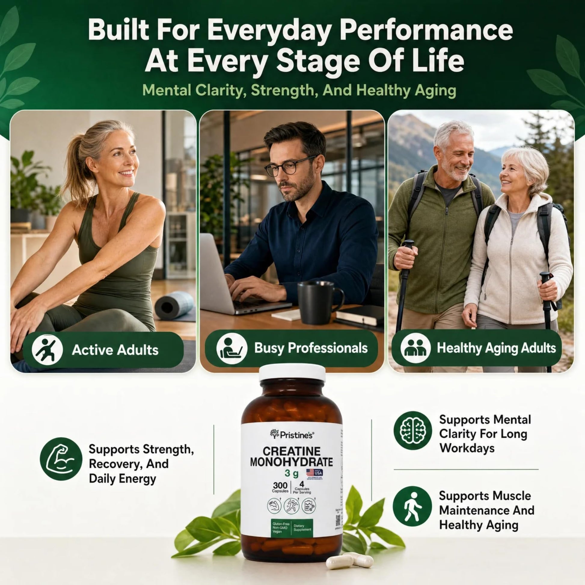 PRISTINE'S Creatine Monohydrate Capsules for Women & Men - NSF Certified 75 Day Supply 3G Creatine Pills for Women - Cognitive & Athletic Performance Support - dailyvitalstore