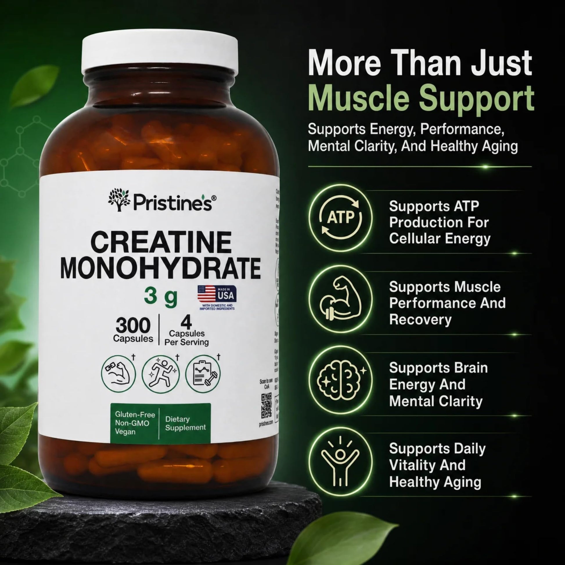 PRISTINE'S Creatine Monohydrate Capsules for Women & Men - NSF Certified 75 Day Supply 3G Creatine Pills for Women - Cognitive & Athletic Performance Support - dailyvitalstore