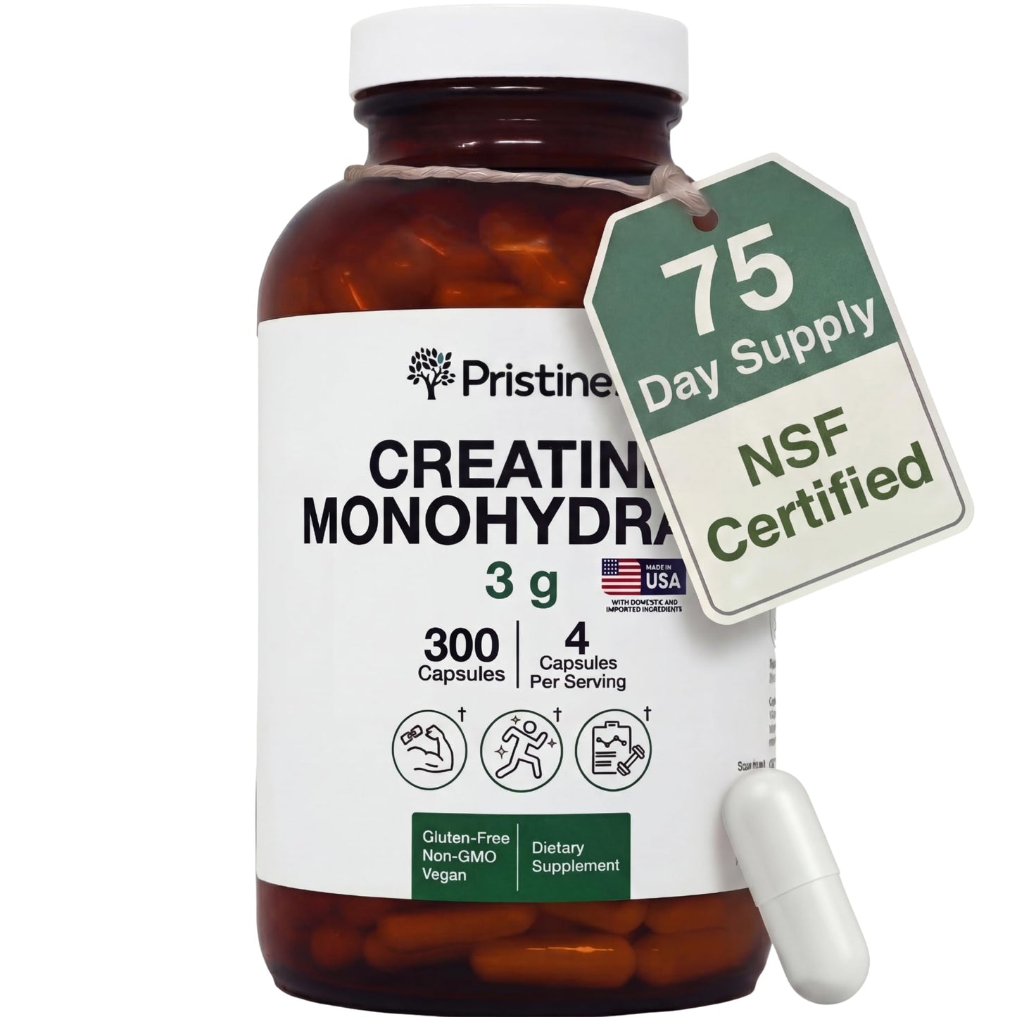 PRISTINE'S Creatine Monohydrate Capsules for Women & Men - NSF Certified 75 Day Supply 3G Creatine Pills for Women - Cognitive & Athletic Performance Support - dailyvitalstore