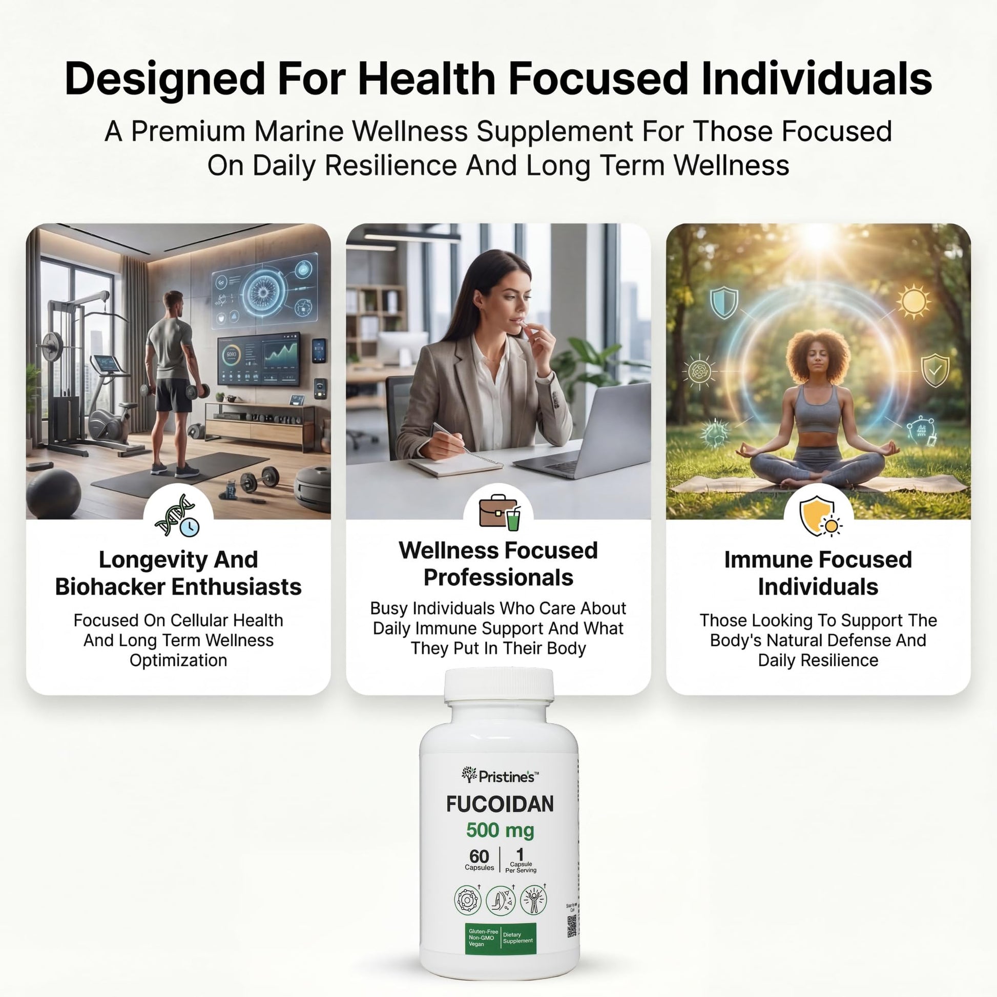PRISTINE'S Fucoidan 500MG Immunity Supplement Capsules - 60 Day Supply - Brown Seaweed Extract - Potent Herbal Antioxidant Lung Health & Skin Health Support - dailyvitalstore