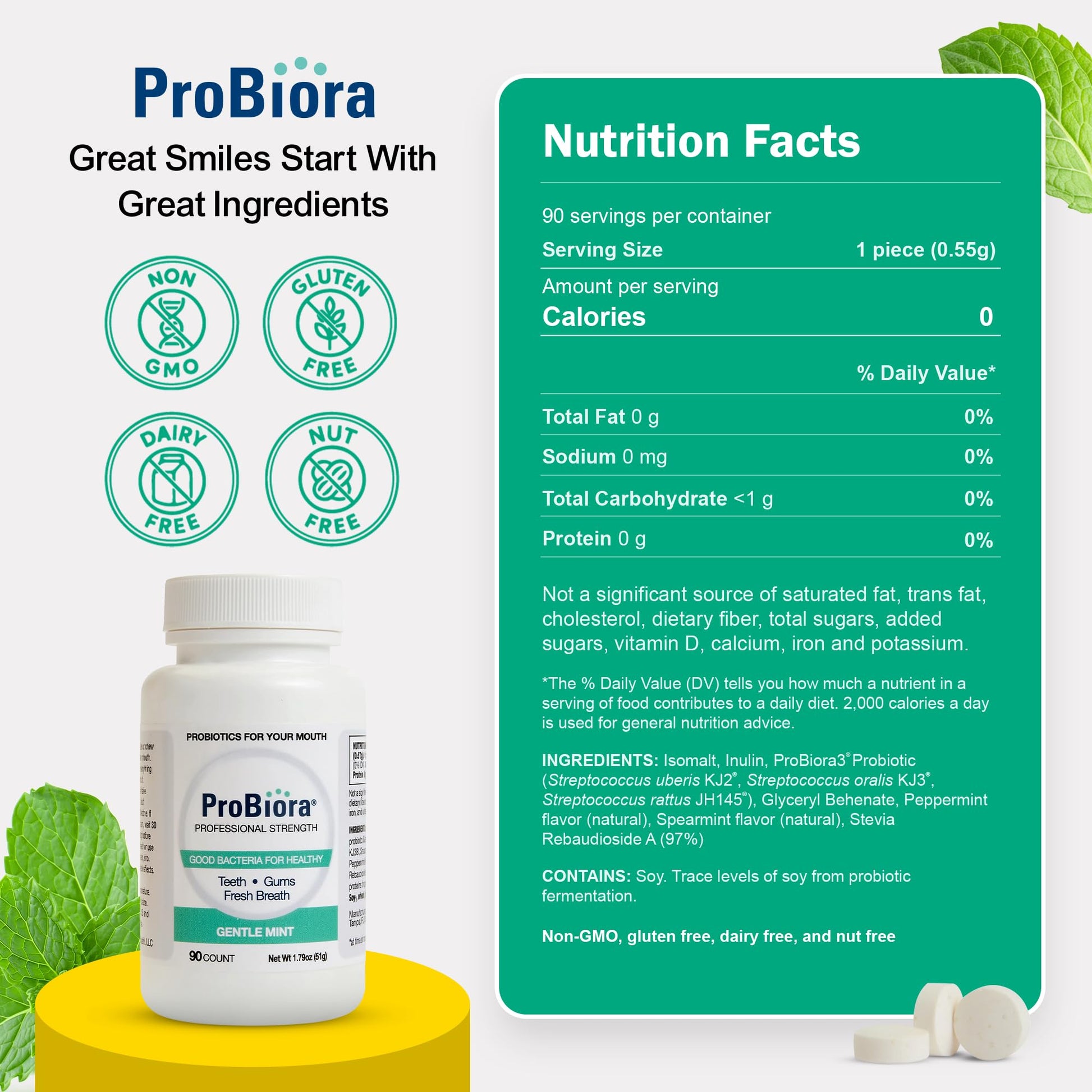 ProBiora Professional Strength Oral Probiotics for Teeth and Gums | Dental Probiotic for Oral Health | Bad Breath Treatment for Adults | Tooth Whitening | ProBiora3 Probiotic Blend | 90 Mint Tablets - dailyvitalstore