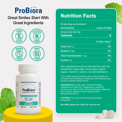 ProBiora Professional Strength Oral Probiotics for Teeth and Gums | Dental Probiotic for Oral Health | Bad Breath Treatment for Adults | Tooth Whitening | ProBiora3 Probiotic Blend | 90 Mint Tablets - dailyvitalstore