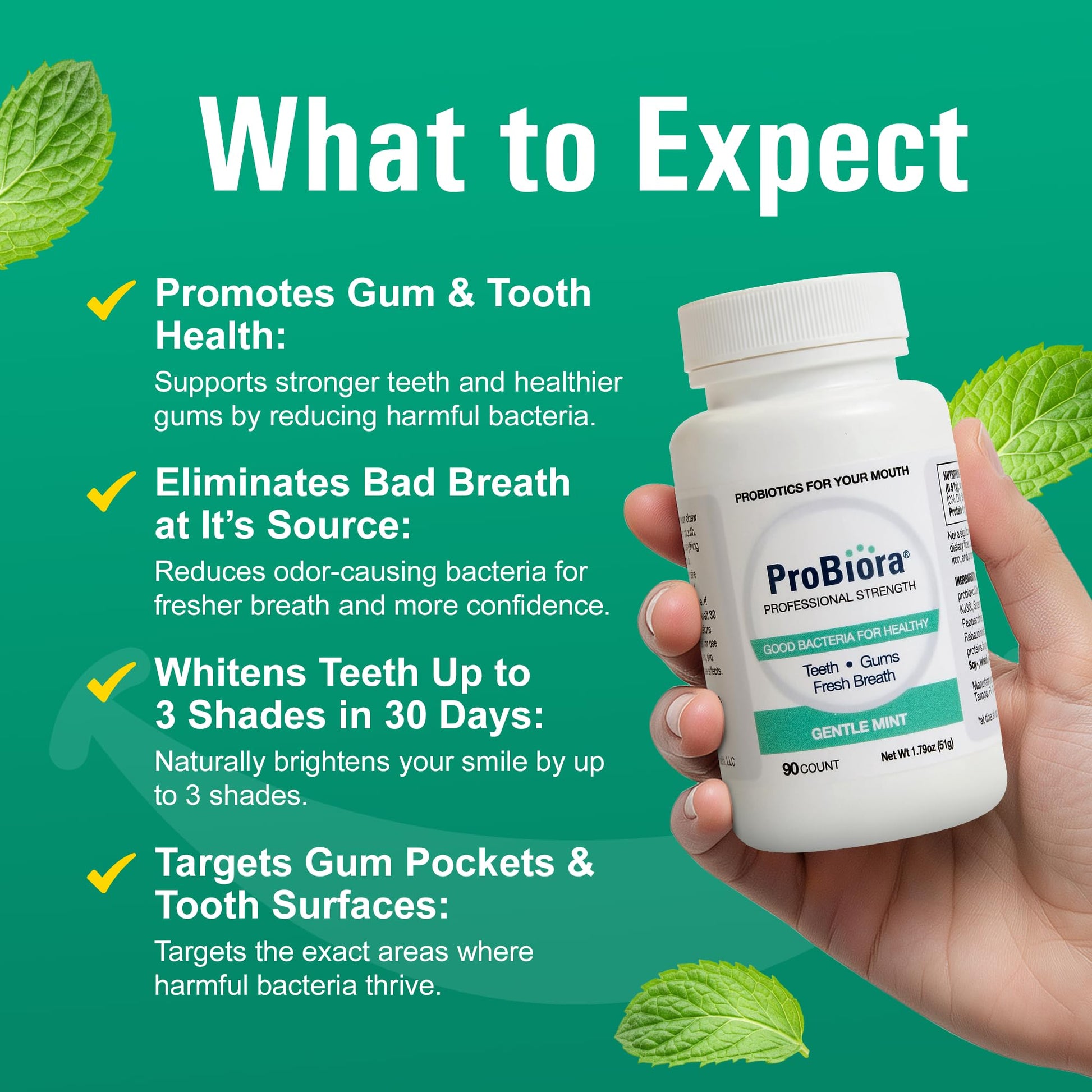 ProBiora Professional Strength Oral Probiotics for Teeth and Gums | Dental Probiotic for Oral Health | Bad Breath Treatment for Adults | Tooth Whitening | ProBiora3 Probiotic Blend | 90 Mint Tablets - dailyvitalstore