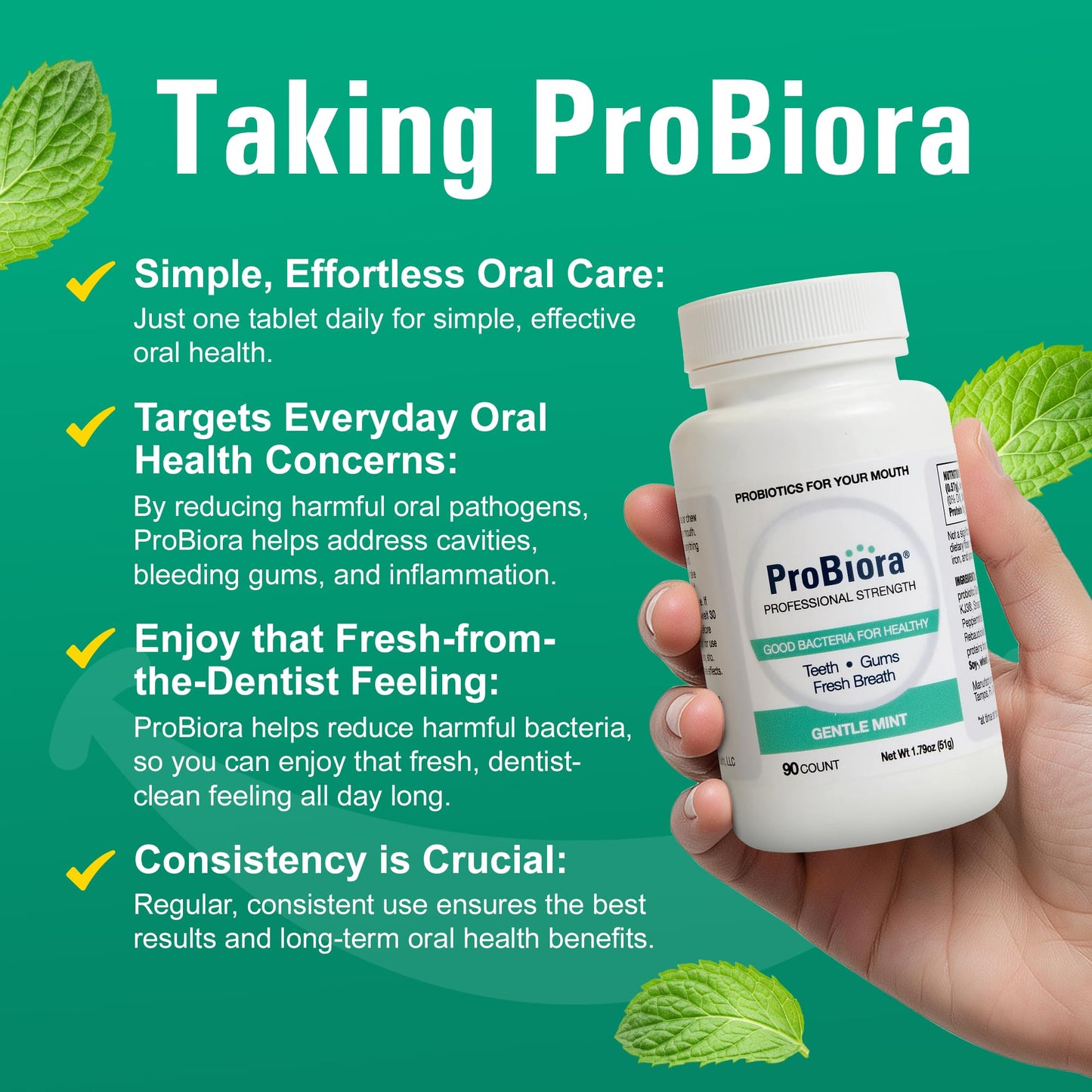 ProBiora Professional Strength Oral Probiotics for Teeth and Gums | Dental Probiotic for Oral Health | Bad Breath Treatment for Adults | Tooth Whitening | ProBiora3 Probiotic Blend | 90 Mint Tablets - dailyvitalstore
