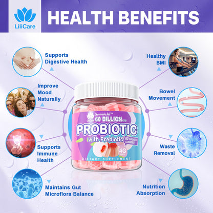 Probiotic Gummies 60 Billion CFU for Women Men & Kids, 11 Strains Probiotics + Organic Prebiotics Fiber for Immune, Digestive Health, Supports Constipation, - dailyvitalstore
