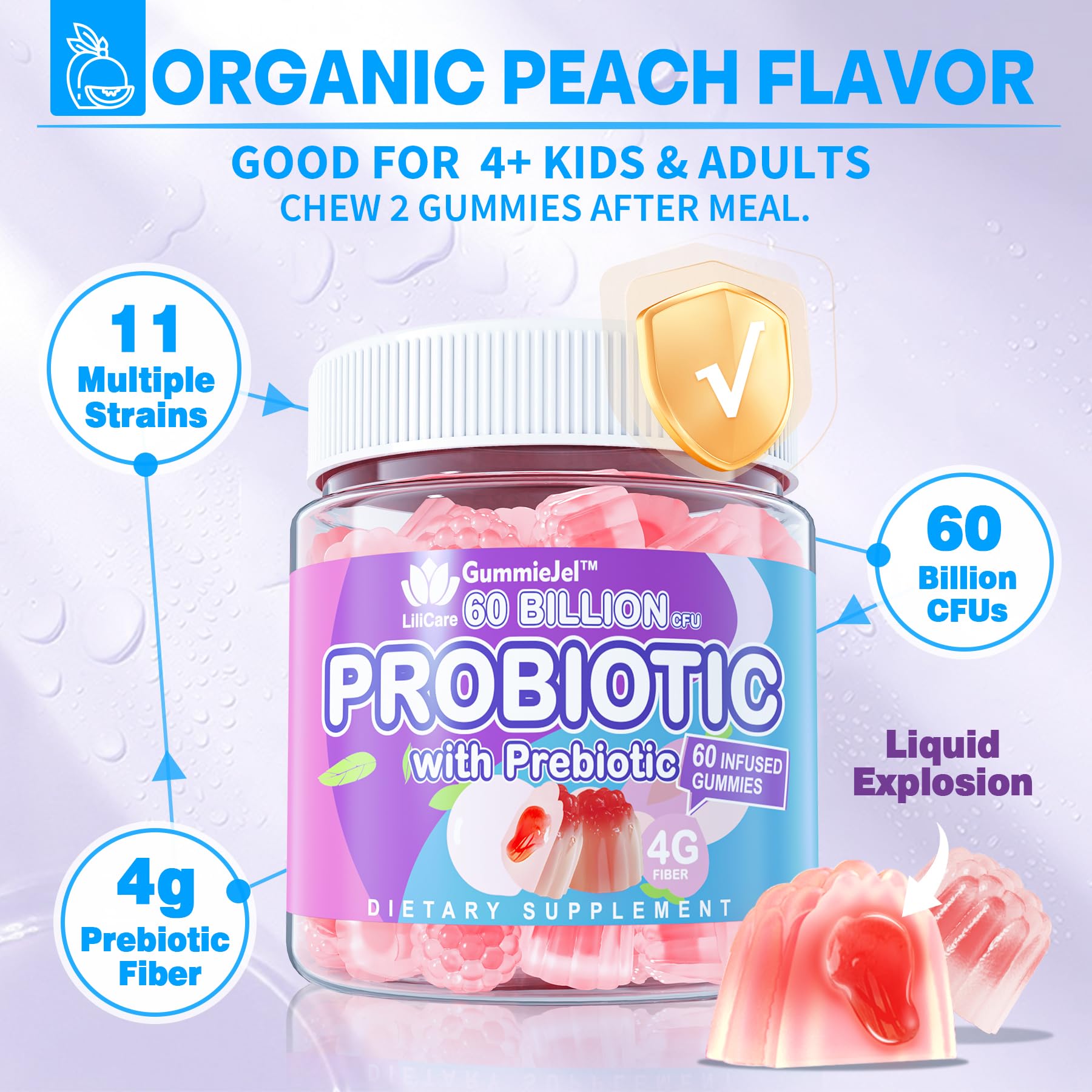 Probiotic Gummies 60 Billion CFU for Women Men & Kids, 11 Strains Probiotics + Organic Prebiotics Fiber for Immune, Digestive Health, Supports Constipation, - dailyvitalstore