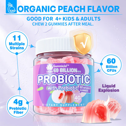 Probiotic Gummies 60 Billion CFU for Women Men & Kids, 11 Strains Probiotics + Organic Prebiotics Fiber for Immune, Digestive Health, Supports Constipation, - dailyvitalstore