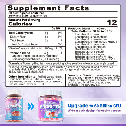 Probiotic Gummies 60 Billion CFU for Women Men & Kids, 11 Strains Probiotics + Organic Prebiotics Fiber for Immune, Digestive Health, Supports Constipation, - dailyvitalstore