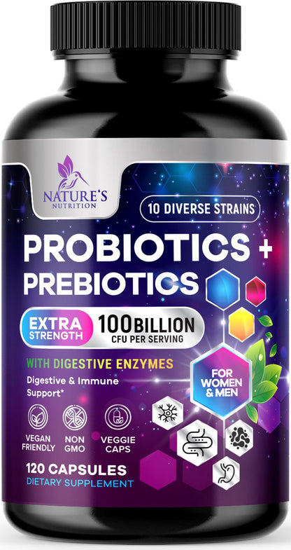 Probiotics 100 Billion CFU Per Serving - 10 Premium Strains + Prebiotics - Best Probiotic Supplement for Women & Men - Supports Immune, Digestive Health, - dailyvitalstore