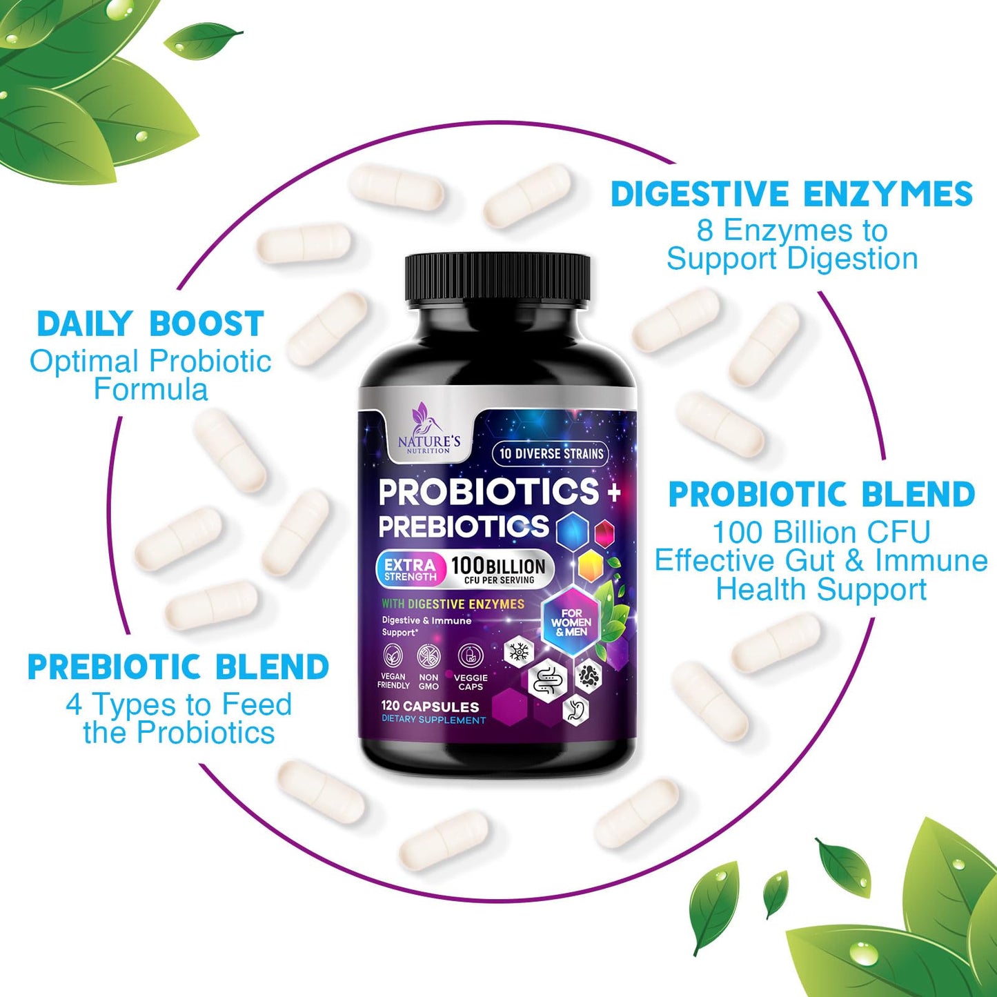 Probiotics 100 Billion CFU Per Serving - 10 Premium Strains + Prebiotics - Best Probiotic Supplement for Women & Men - Supports Immune, Digestive Health, - dailyvitalstore