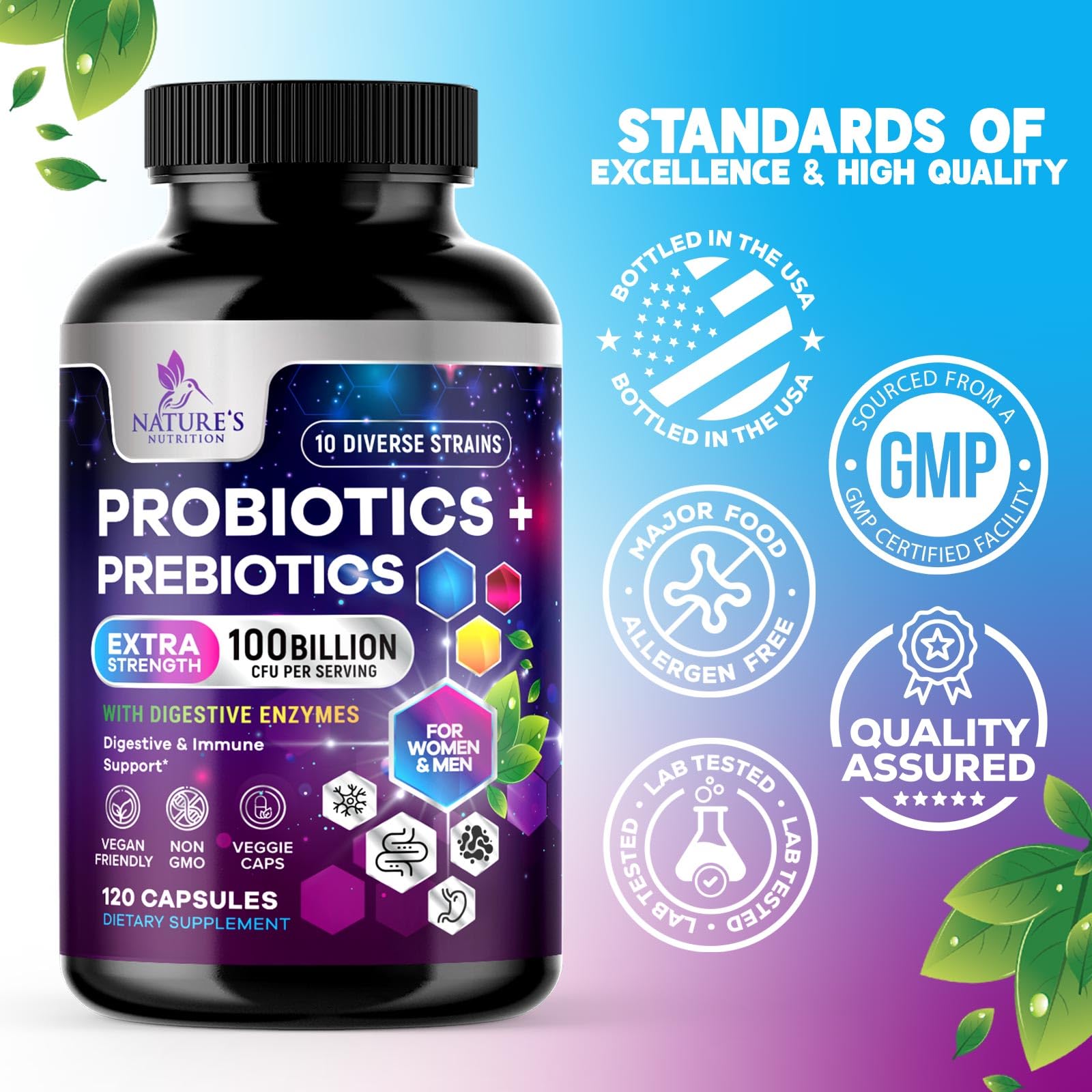 Probiotics 100 Billion CFU Per Serving - 10 Premium Strains + Prebiotics - Best Probiotic Supplement for Women & Men - Supports Immune, Digestive Health, - dailyvitalstore