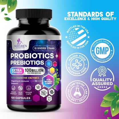 Probiotics 100 Billion CFU Per Serving - 10 Premium Strains + Prebiotics - Best Probiotic Supplement for Women & Men - Supports Immune, Digestive Health, - dailyvitalstore