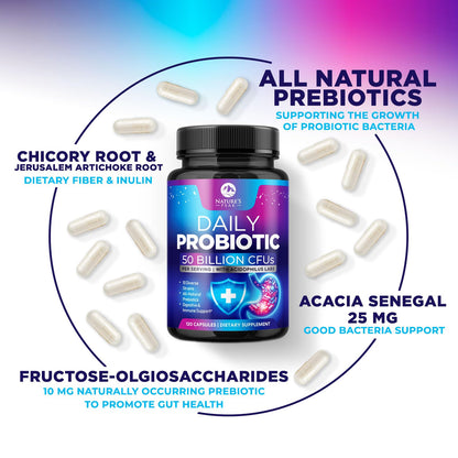 Probiotics 50 Billion CFU Per Serving - 10 Premium Strains + Digestive Enzymes & Prebiotics - Best Probiotic for Women & Men, Supports Immune, - dailyvitalstore