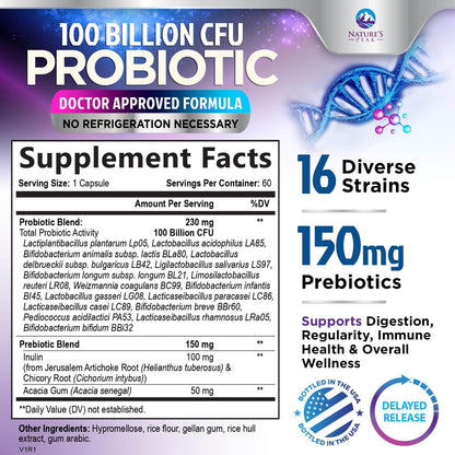 Probiotics for Digestive Gut Health - 100 Billion CFU Per Capsule, 16 Premium Strains & Prebiotics - Best Probiotics for Women & Men, Occasional Constipation - dailyvitalstore