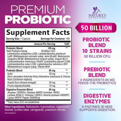 Probiotics for Digestive Gut Health - 50 Billion CFU Per Capsule, 10 Premium Strains & Prebiotics - Best Probiotics for Women & Men, Occasional Constipation, Gas, Immune Health Support - 180 Capsules - dailyvitalstore
