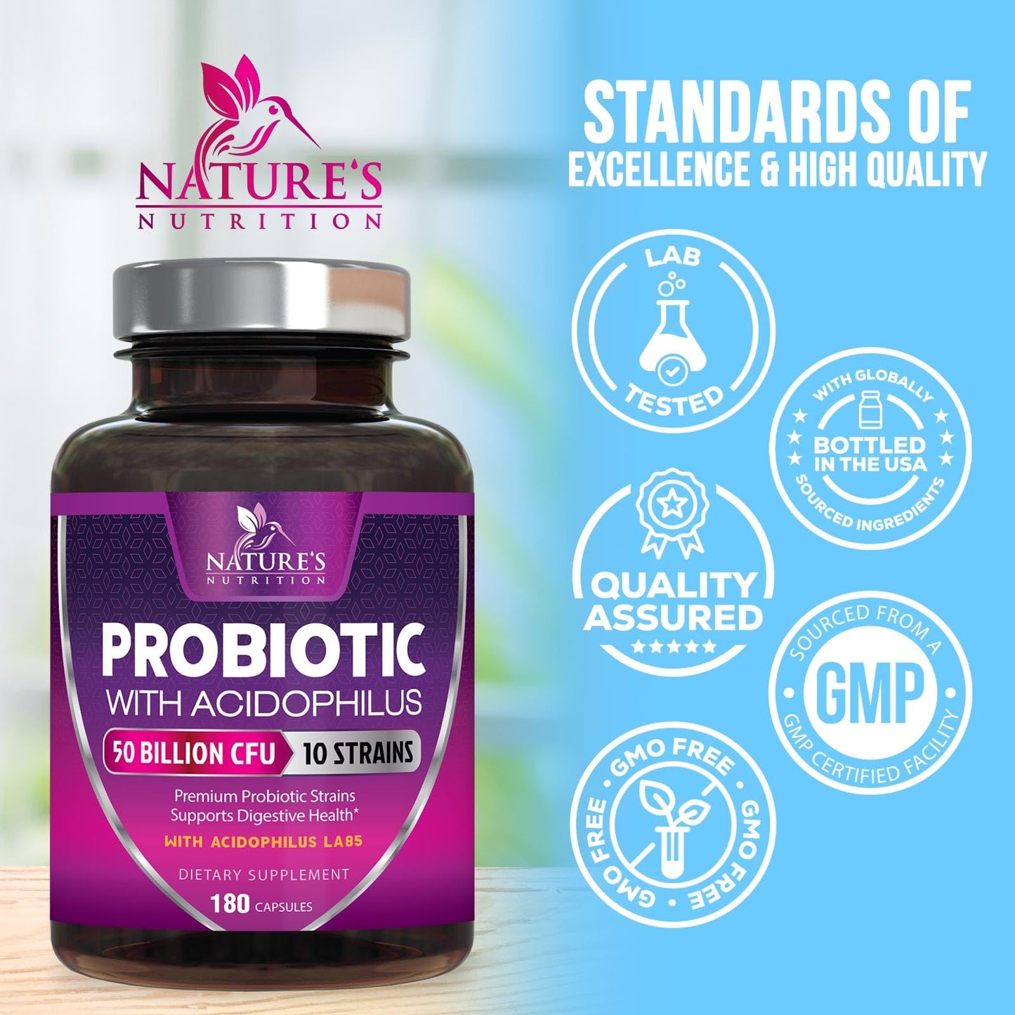 Probiotics for Digestive Gut Health - 50 Billion CFU Per Capsule, 10 Premium Strains & Prebiotics - Best Probiotics for Women & Men, Occasional Constipation, Gas, Immune Health Support - 180 Capsules - dailyvitalstore